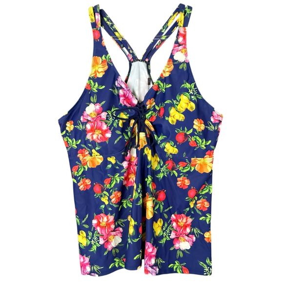 NWT Hanna Nikole Padded Tankini Swim Top 24W Navy w Floral & Fruit Lemon Print - Picture 1 of 12